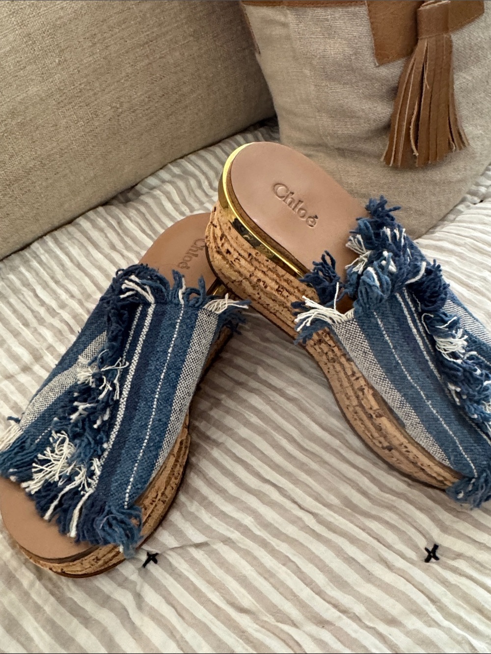 Chloé Blue Denim Fringed Cork Wedge Slides